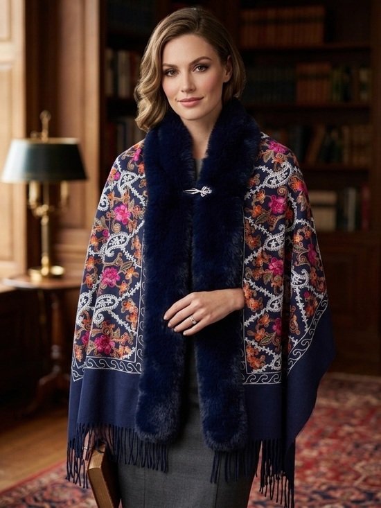 Jessica McClintock Accessories - Jessica McClintock Navy Floral Paisley Shawl with Blue Faux Fur Collar